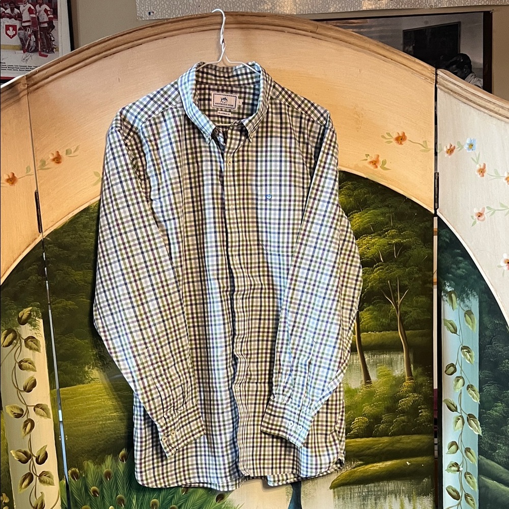 Southern Tide Men's Blue and Green Plaid Button Down Shirt